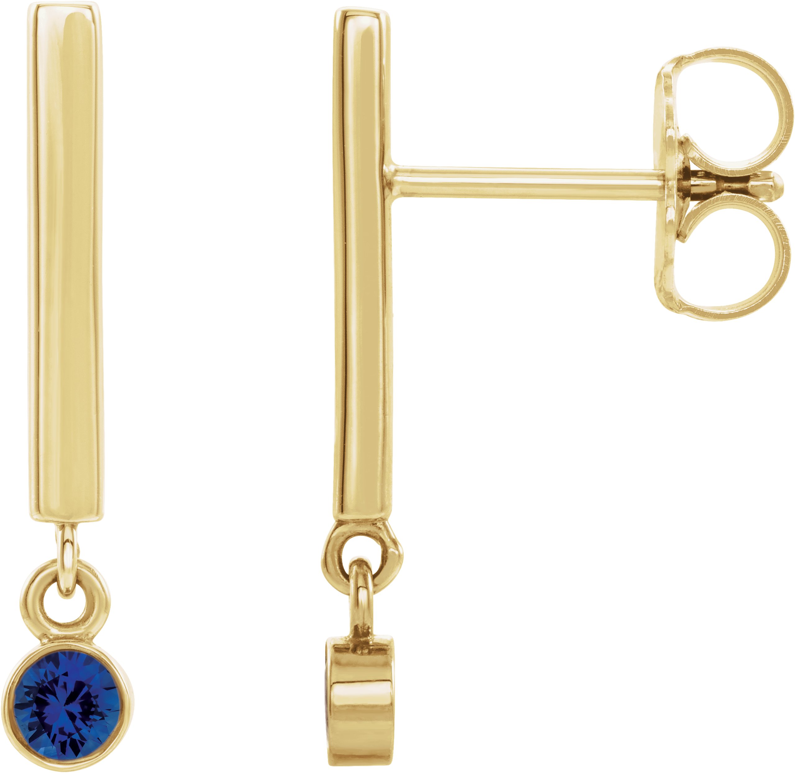 14K Yellow Lab-Grown Blue Sapphire Bar Earrings