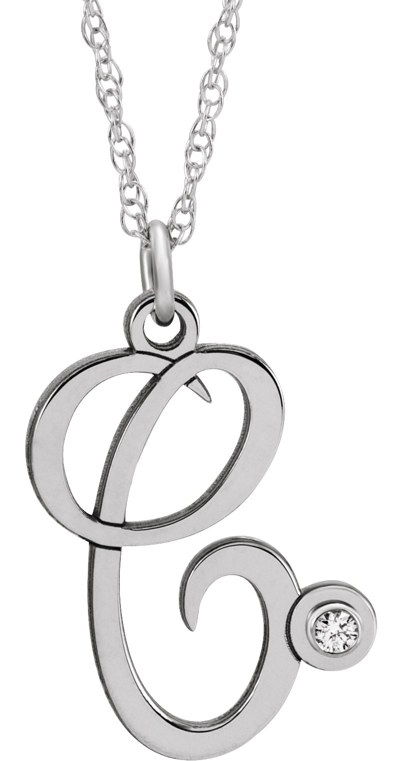 Sterling Silver .02 CT Diamond Script Initial C 16-18" Necklace