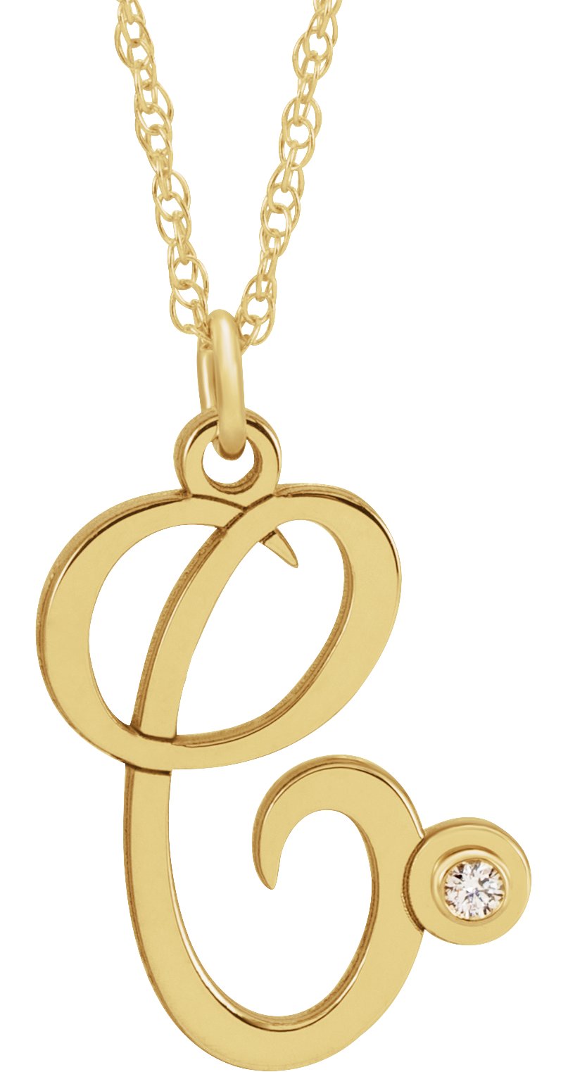 14K Yellow .02 CT Diamond Script Initial C 16-18" Necklace