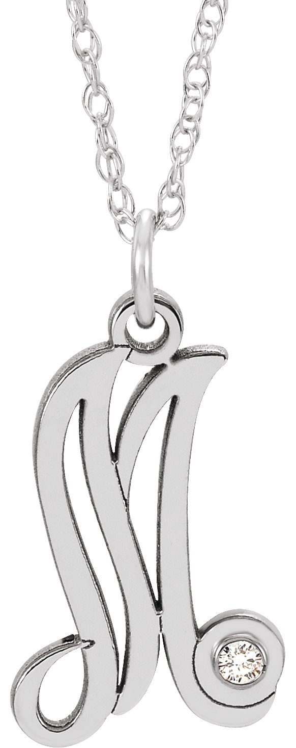 Sterling Silver .02 CT Diamond Script Initial M 16 18 inch Necklace Ref. 16047604