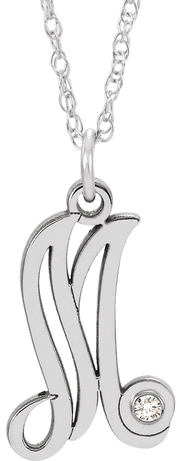 14K White .02 CT Diamond Script Initial M 16-18" Necklace