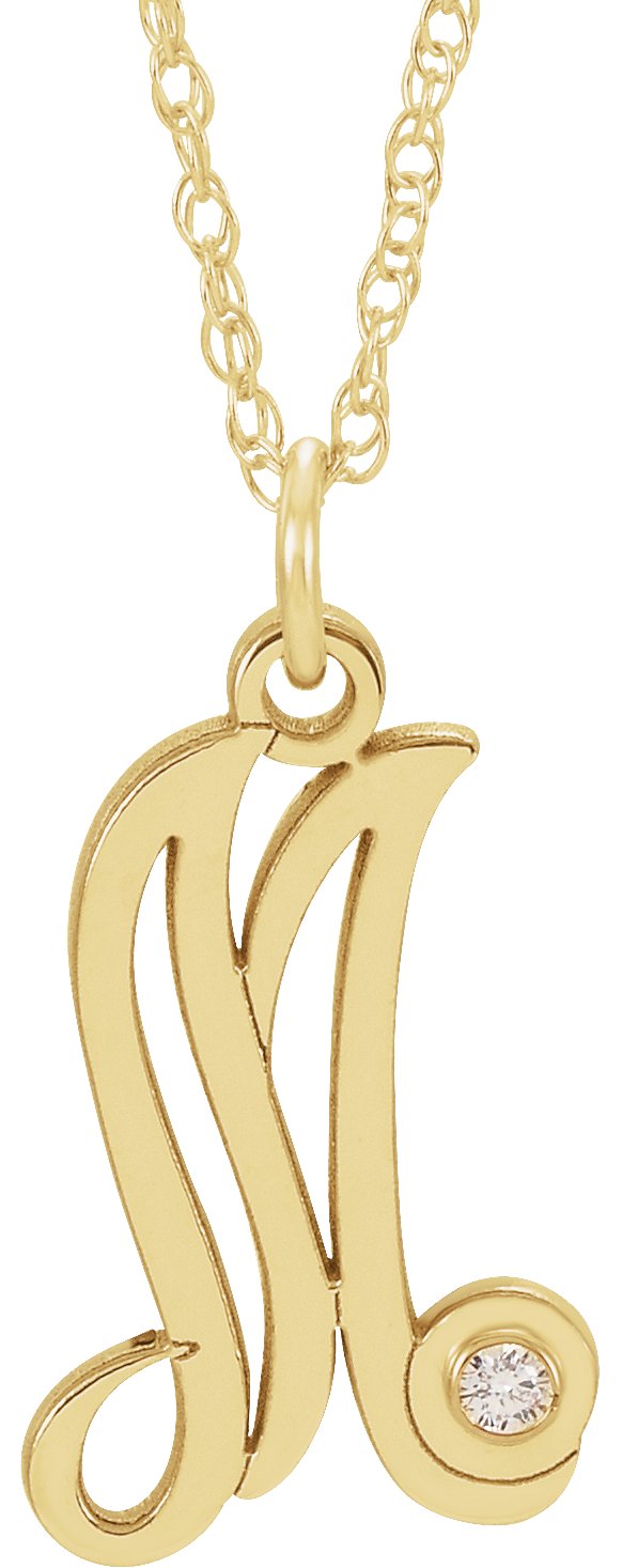 14K Yellow .02 CT Diamond Script Initial M 16-18" Necklace