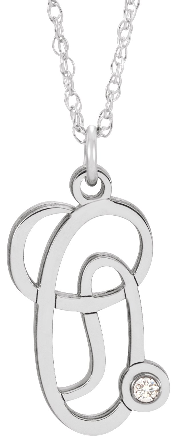 Sterling Silver .02 CT Diamond Script Initial O 16-18" Necklace
