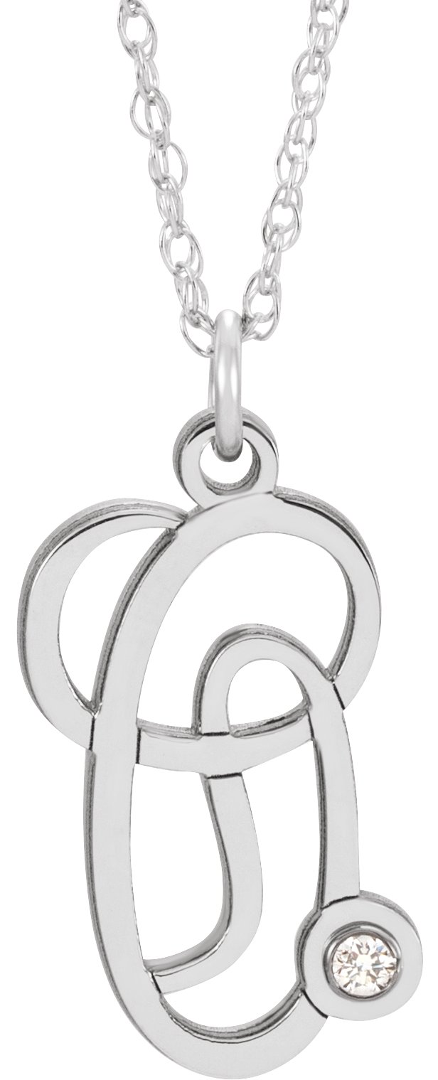 14K White .02 CT Diamond Script Initial O 16-18" Necklace