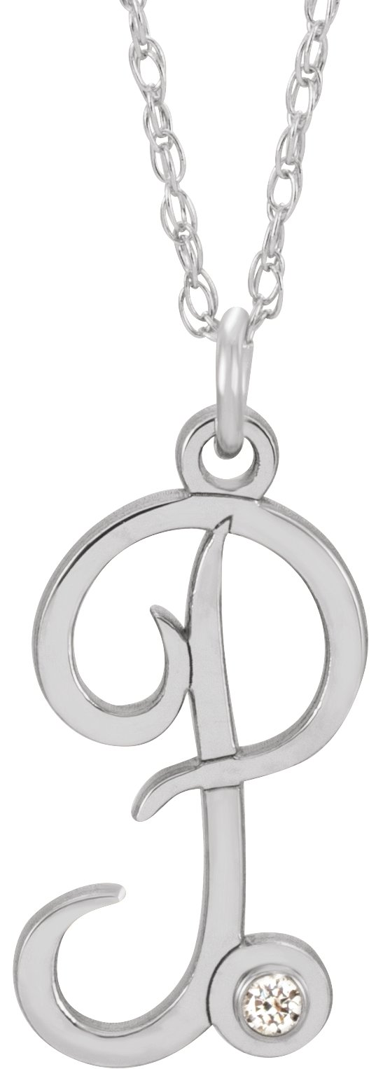 Sterling Silver .02 CT Diamond Script Initial P 16-18" Necklace