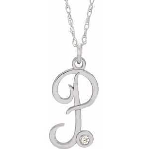 Sterling Silver .02 CT Diamond Script Initial P 16-18" Necklace