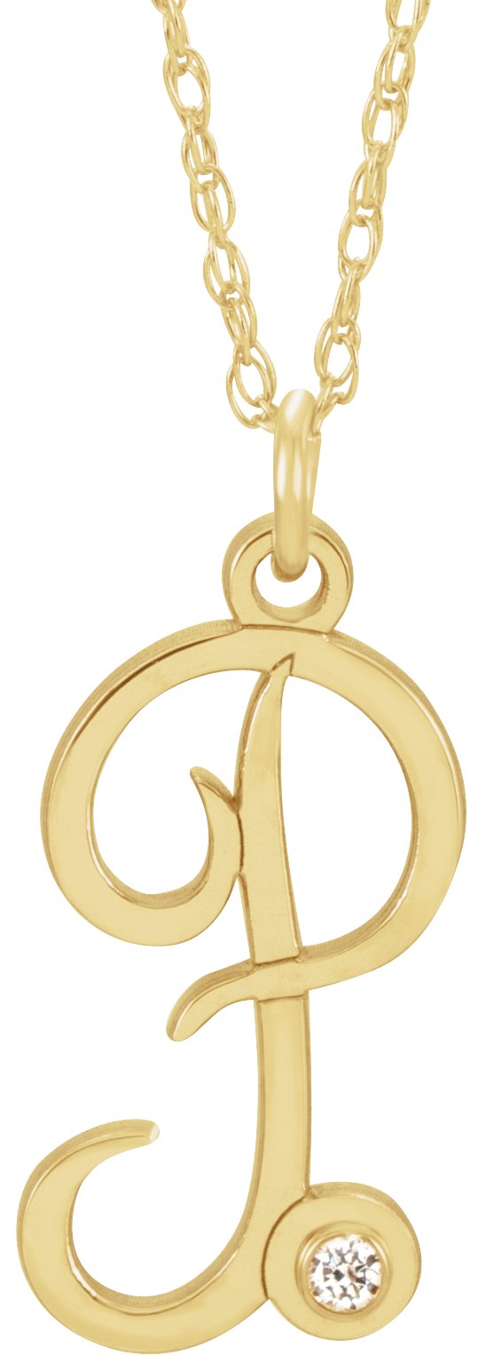 14K Yellow Gold-Plated .02 CT Diamond Script Initial P 16-18" Necklace