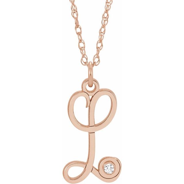 14K Rose Gold-Plated Sterling Silver .02 CT Diamond Script Initial L 16-18