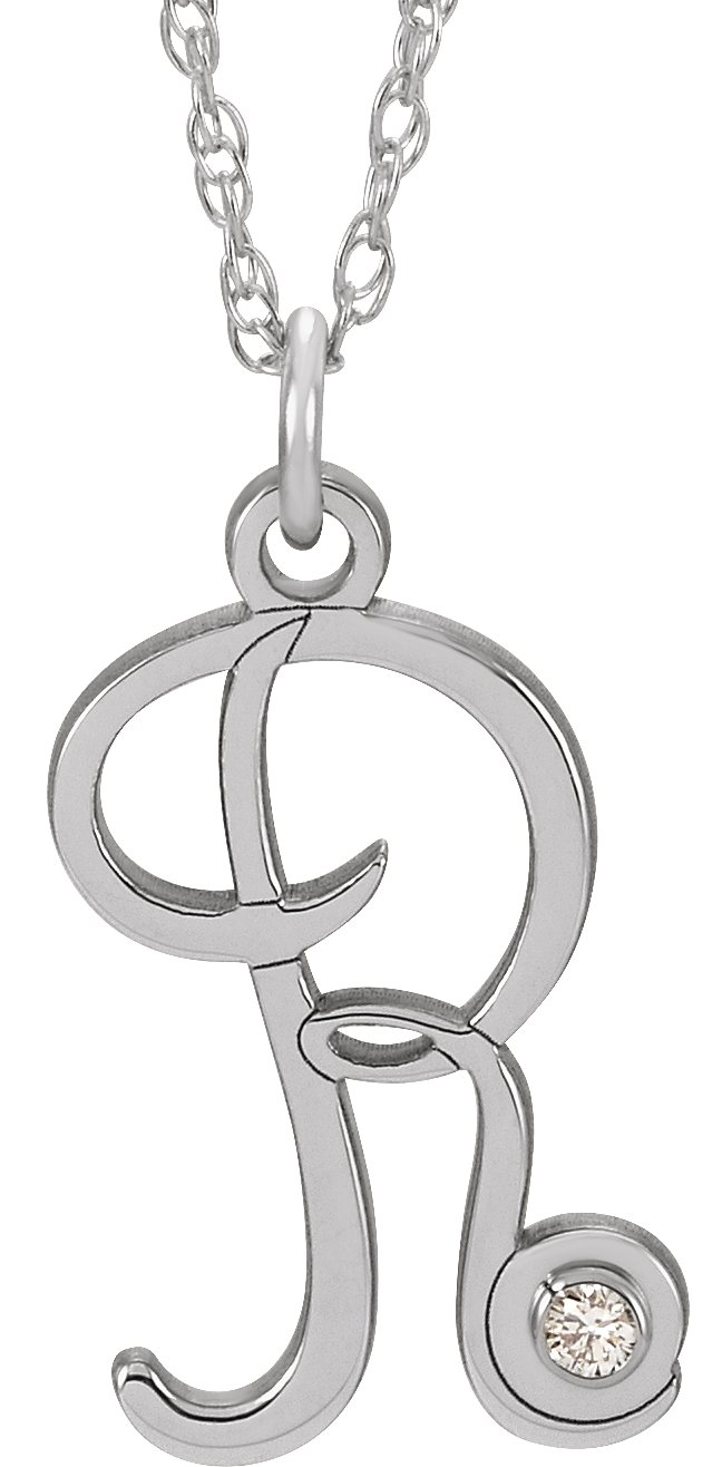 Sterling Silver .02 CT Diamond Script Initial R 16-18" Necklace