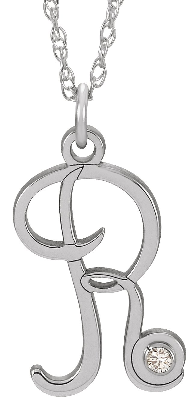 14K White .02 CT Diamond Script Initial R 16-18" Necklace