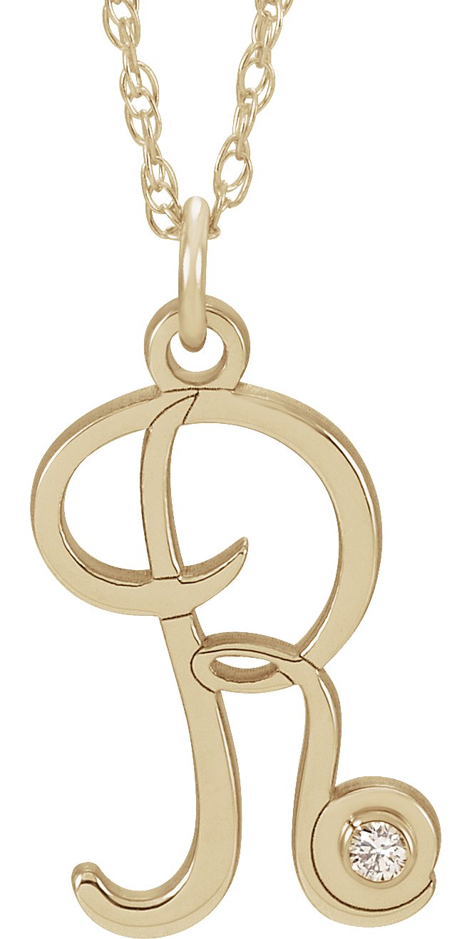 14K Yellow .02 CT Diamond Script Initial R 16-18" Necklace