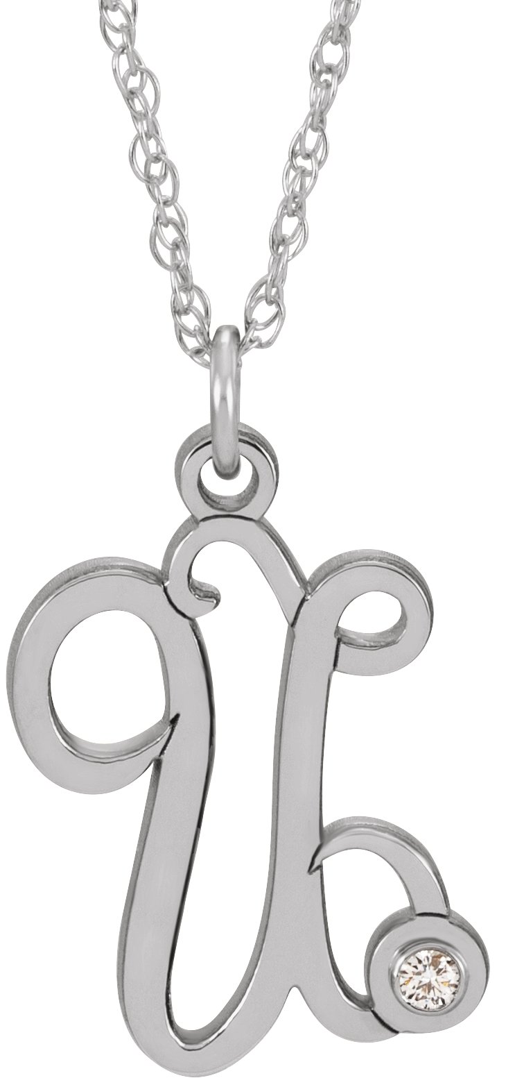 Sterling Silver .02 CT Diamond Script Initial U 16-18" Necklace