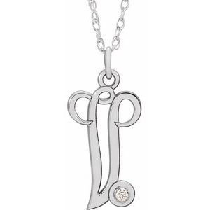 Sterling Silver .02 CT Diamond Script Initial V 16-18" Necklace