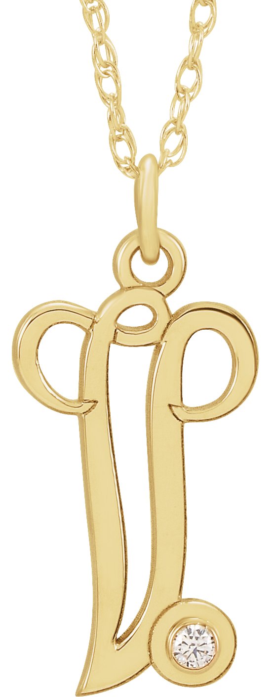 14K Yellow Gold-Plated .02 CT Diamond Script Initial V 16-18" Necklace