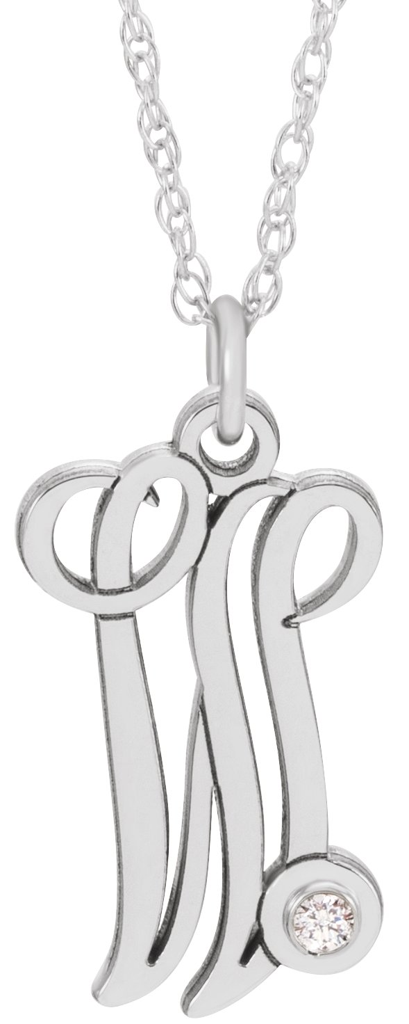 Sterling Silver .02 CT Diamond Script Initial W 16-18" Necklace
