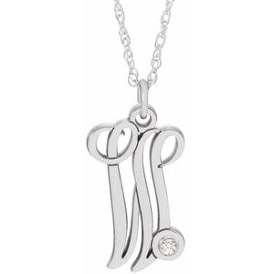 Sterling Silver .02 CT Diamond Script Initial W 16-18" Necklace