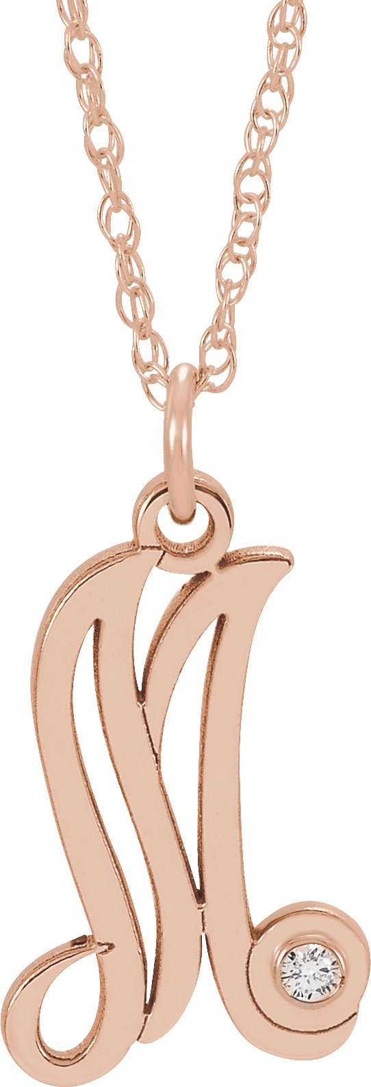 14K Rose Gold-Plated Sterling Silver .02 CT Diamond Script Initial M 16-18" Necklace