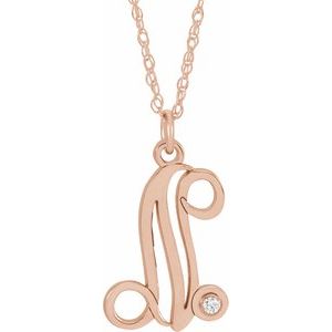 14K Rose Gold-Plated Sterling Silver .02 CT Diamond Script Initial N 16-18" Necklace