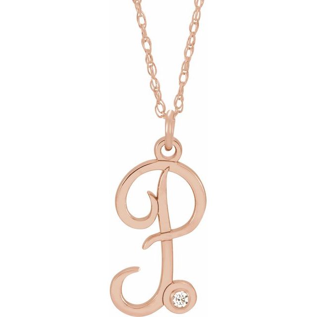 14K Rose Gold-Plated Sterling Silver .02 CT Diamond Script Initial P 16-18