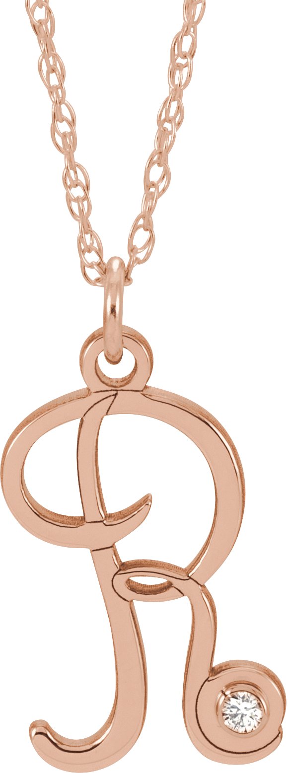 14K Rose .02 CT Diamond Script Initial R 16-18" Necklace