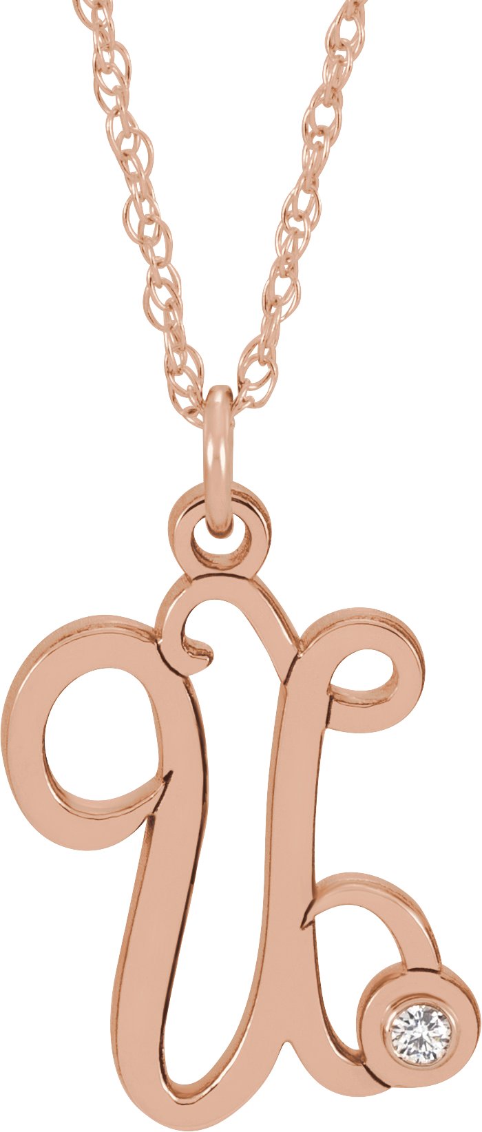 14K Rose Gold-Plated Sterling Silver .02 CT Diamond Script Initial U 16-18" Necklace