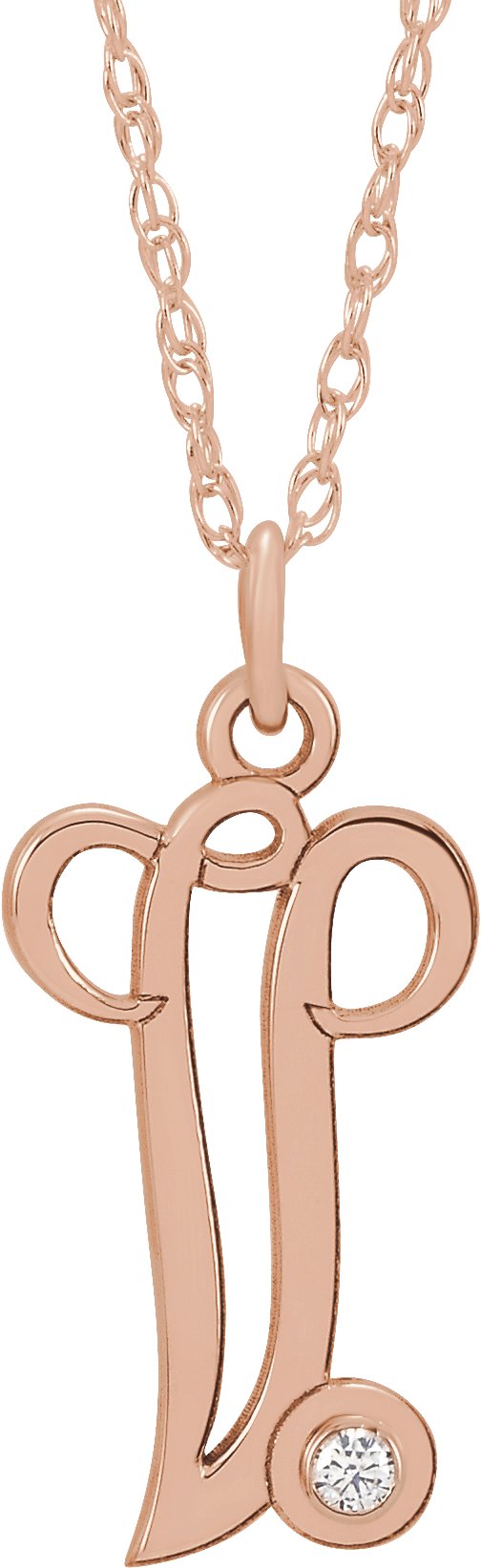 14K Rose Gold-Plated Sterling Silver .02 CT Diamond Script Initial V 16-18" Necklace
