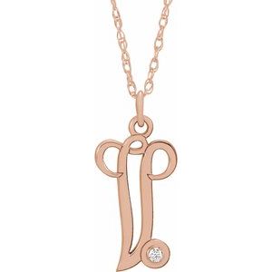 14K Rose Gold-Plated Sterling Silver .02 CT Diamond Script Initial V 16-18" Necklace