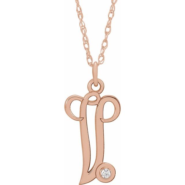 14K Rose Gold-Plated Sterling Silver .02 CT Diamond Script Initial V 16-18
