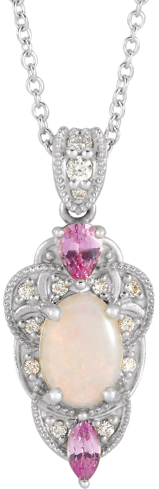 14K White Natural White Opal, Natural Pink Sapphire & 1/10 CTW Natural Diamond 16-18" Necklace