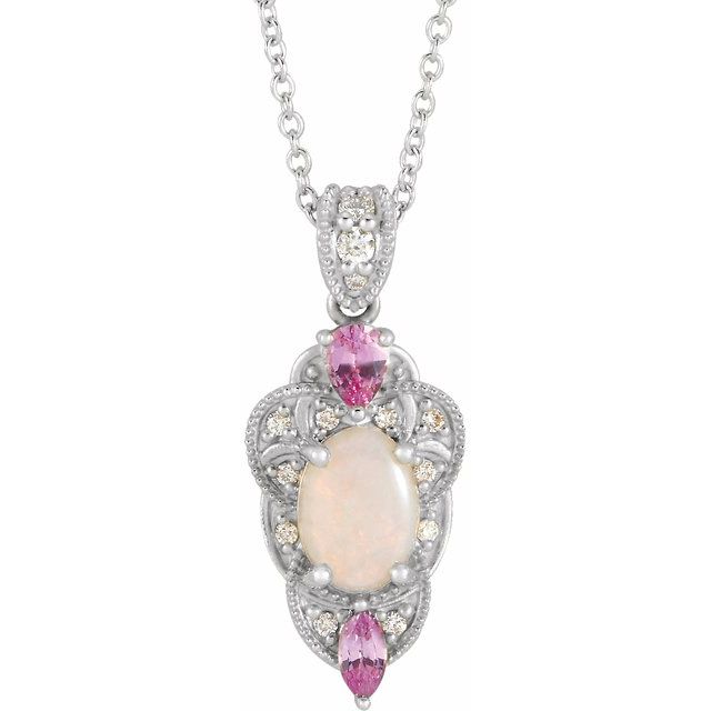 14K White Natural White Opal, Natural Pink Sapphire & 1/10 CTW Natural Diamond 16-18