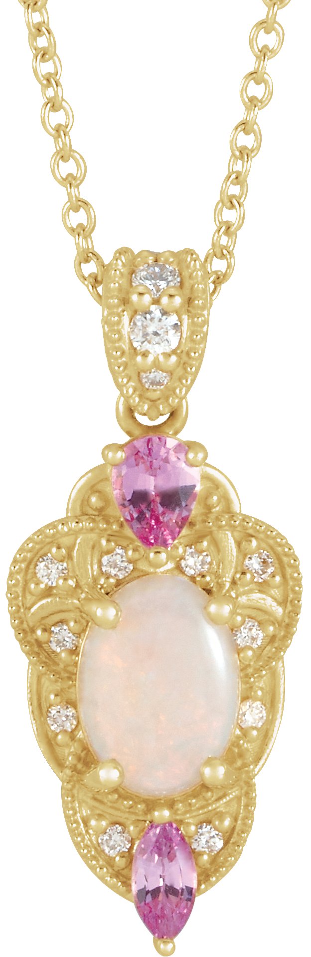 14K Yellow Opal, Pink Sapphire & 1/10 CTW Diamond Vintage-Inspired 16-18" Necklace