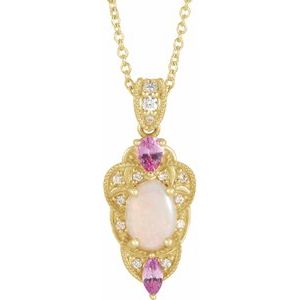 14K Yellow Opal, Pink Sapphire & 1/10 CTW Diamond Vintage-Inspired 16-18" Necklace