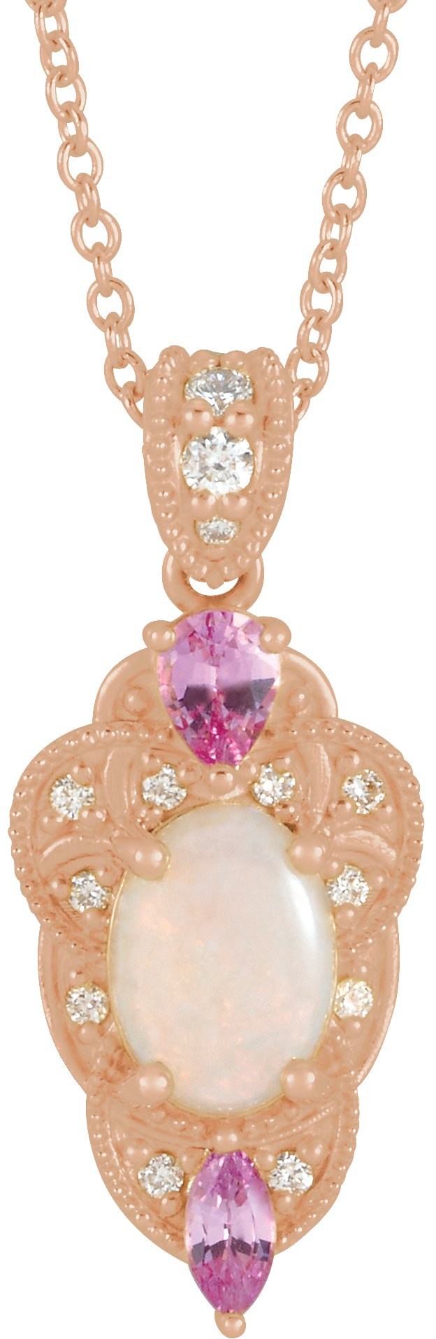 14K Rose Opal, Pink Sapphire & 1/10 CTW Diamond Vintage-Inspired 16-18" Necklace