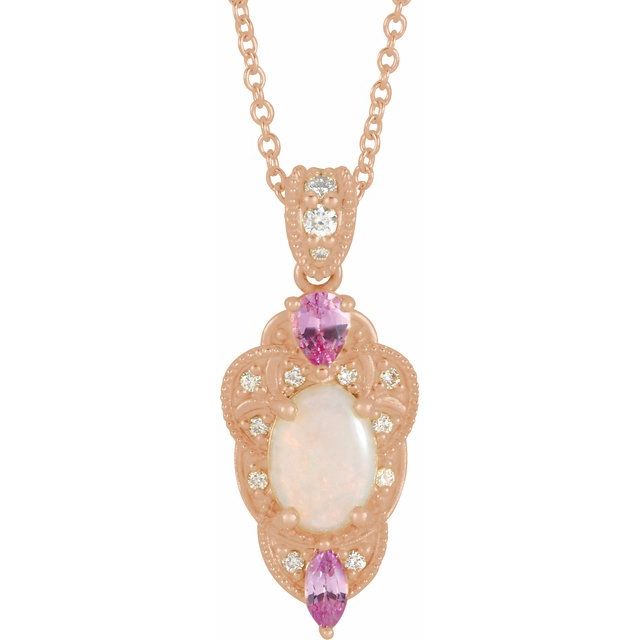 14K Rose Natural White Opal, Natural Pink Sapphire & 1/10 CTW Natural Diamond 16-18