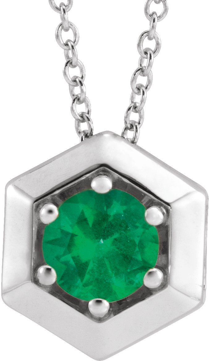 14K White Natural Emerald Geometric 16-18" Necklace