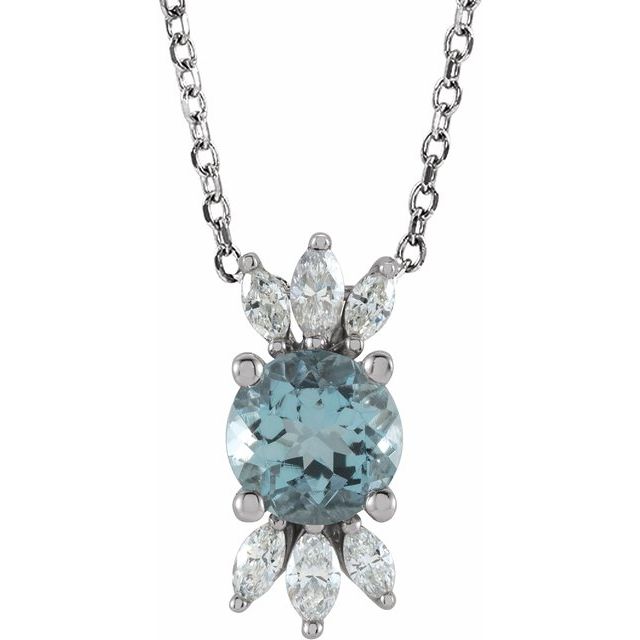14K White Natural Aquamarine & 1/5 CTW Natural Diamond 16-18" Necklace