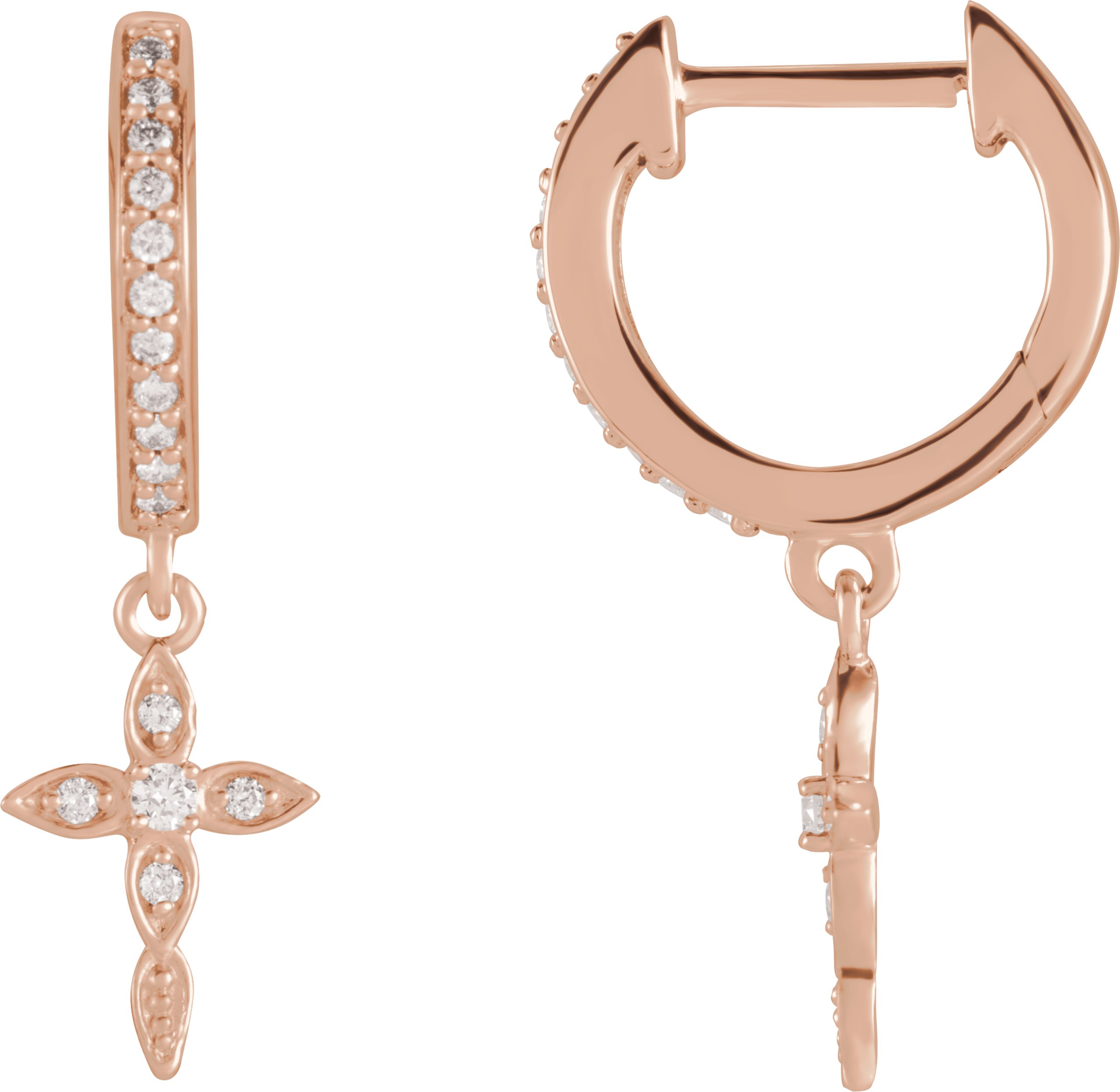 14K Rose 1/8 Diamond Cross Hoop Earrings