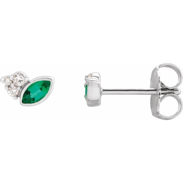 14K White Natural Emerald & .03 CTW Natural Diamond Right Earring