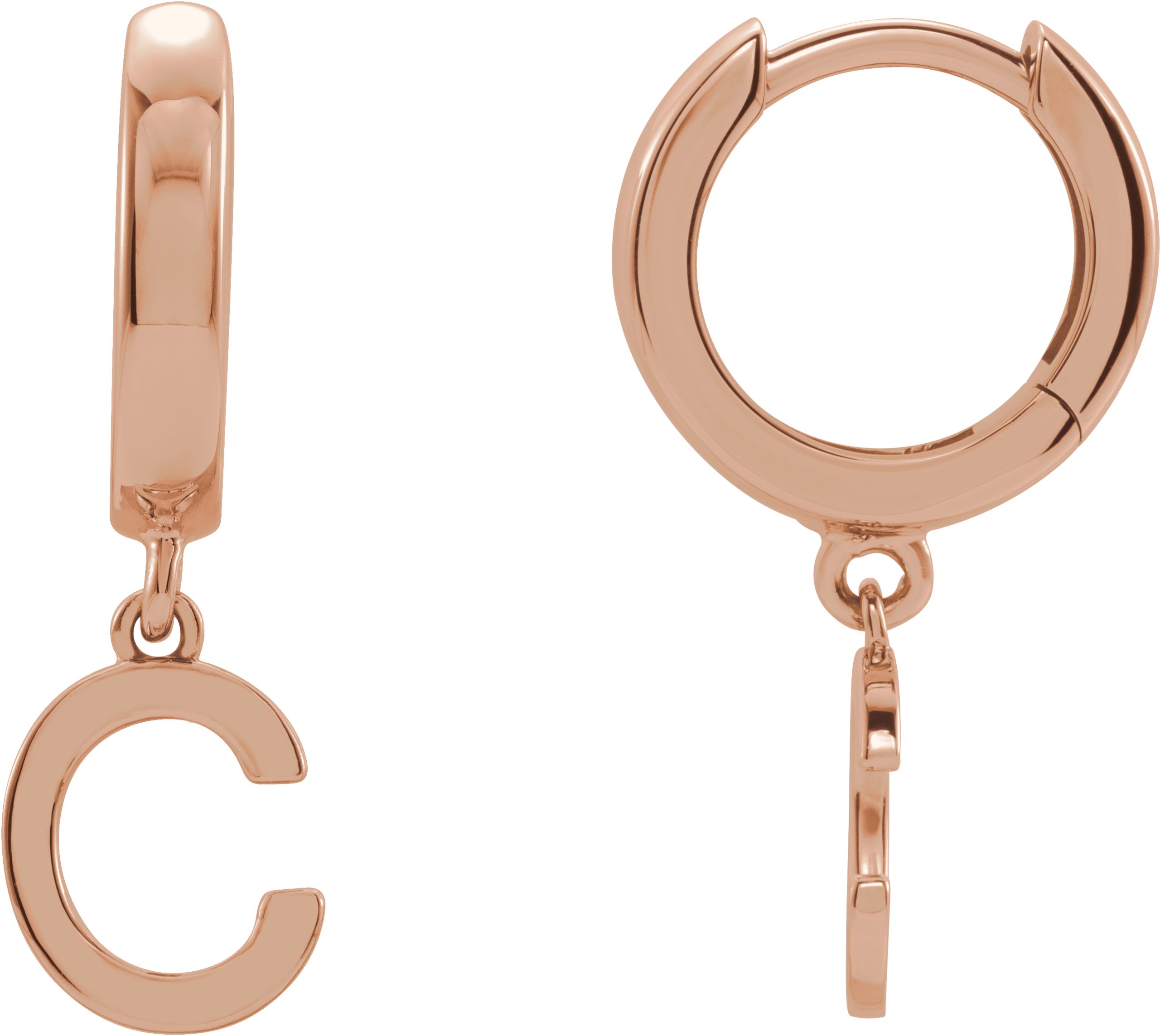 14K Rose Initial C Hinged Huggie Earring