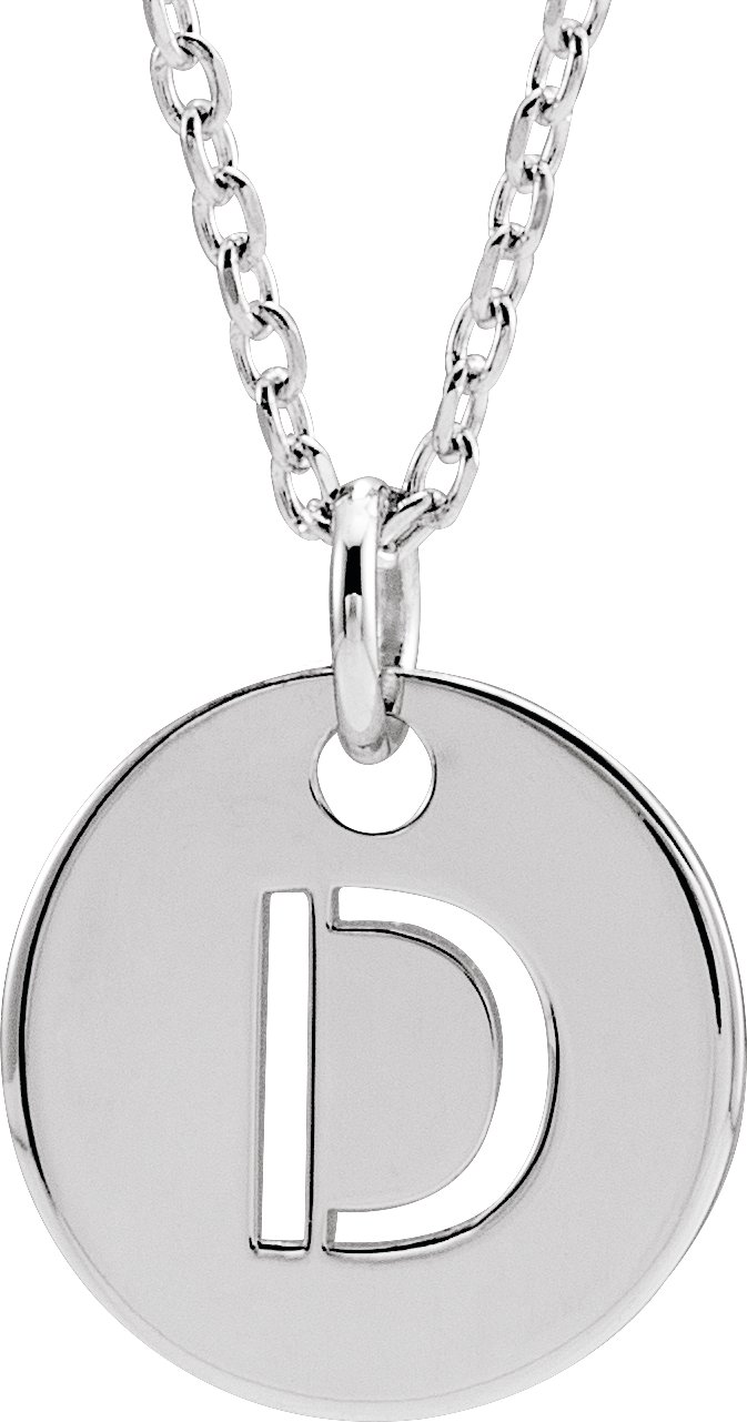 14K White Initial D 10 mm Disc 16-18" Necklace