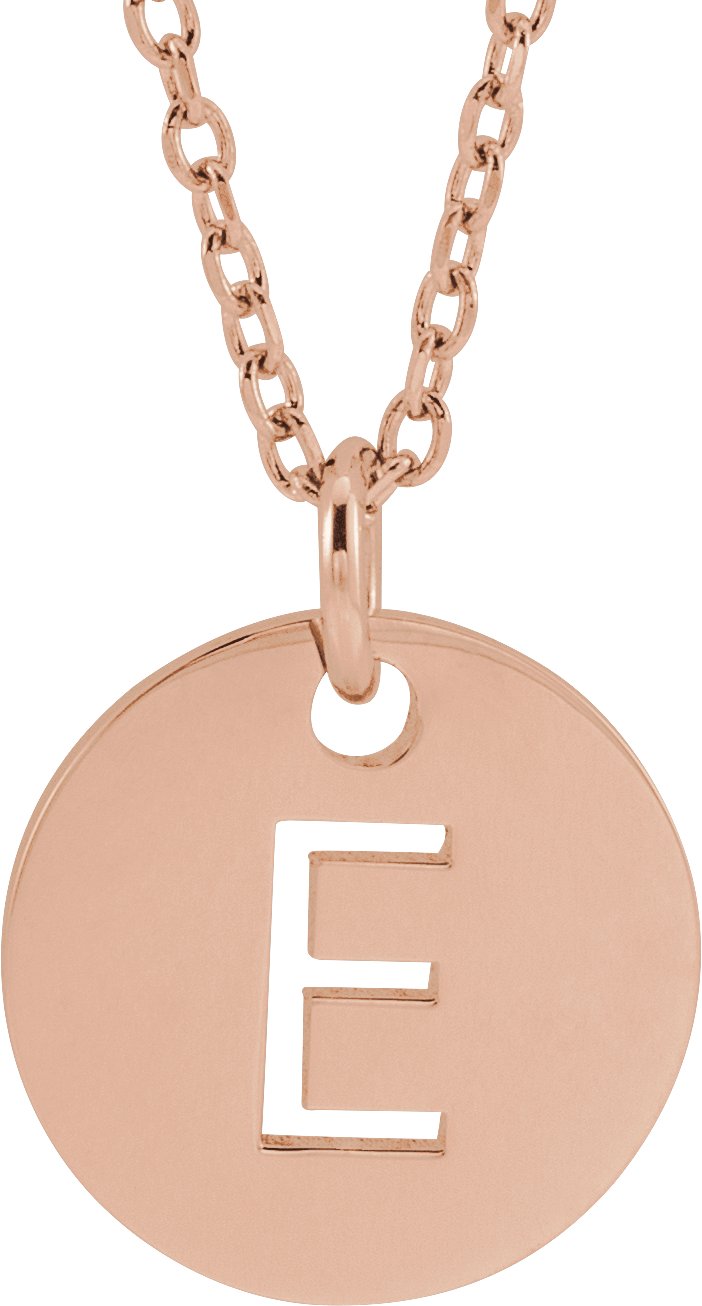 18K Rose Gold Plated Sterling Silver Initial E 10 mm Disc 16 to 18 inch Necklace Ref 17697375