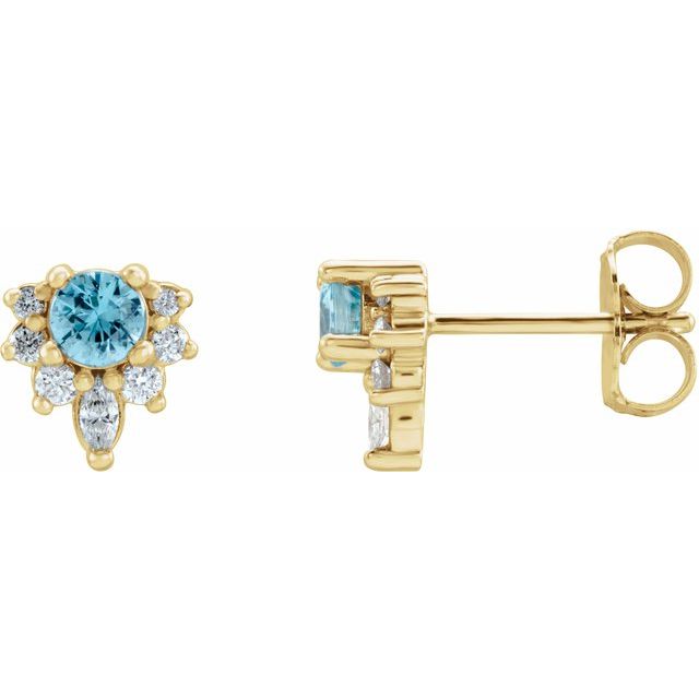 14K Yellow Natural Blue Zircon & 1/6 CTW Natural Diamond Earrings
