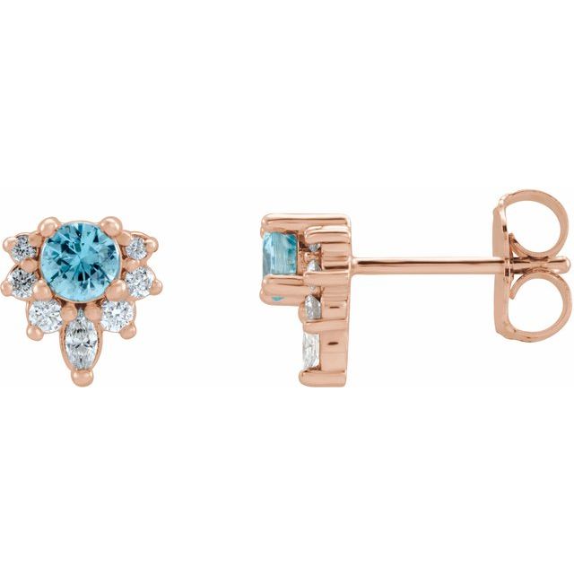 14K Rose Natural Blue Zircon & 1/6 CTW Natural Diamond Earrings