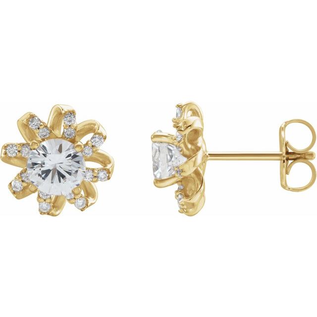 14K Yellow Natural White Sapphire & 1/6 CTW Natural Diamond Halo-Style Earrings