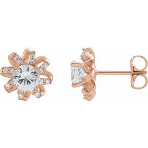 14K Rose Natural White Sapphire & 1/6 CTW Natural Diamond Halo-Style Earrings
