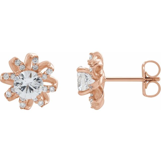 14K Rose Natural White Sapphire & 1/6 CTW Natural Diamond Halo-Style Earrings