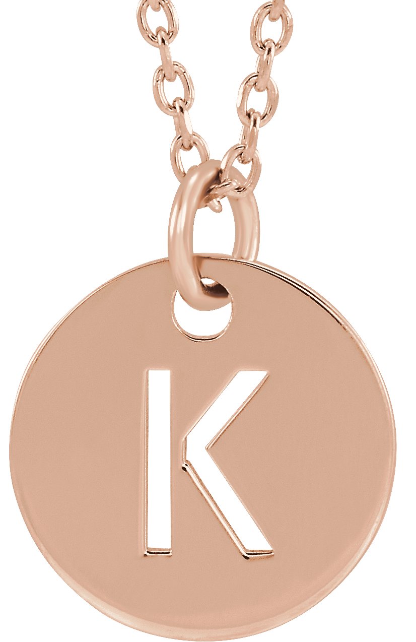 18K Rose Gold Plated Sterling Silver Initial K 10 mm Disc 16 to 18 inch Necklace Ref 17697381