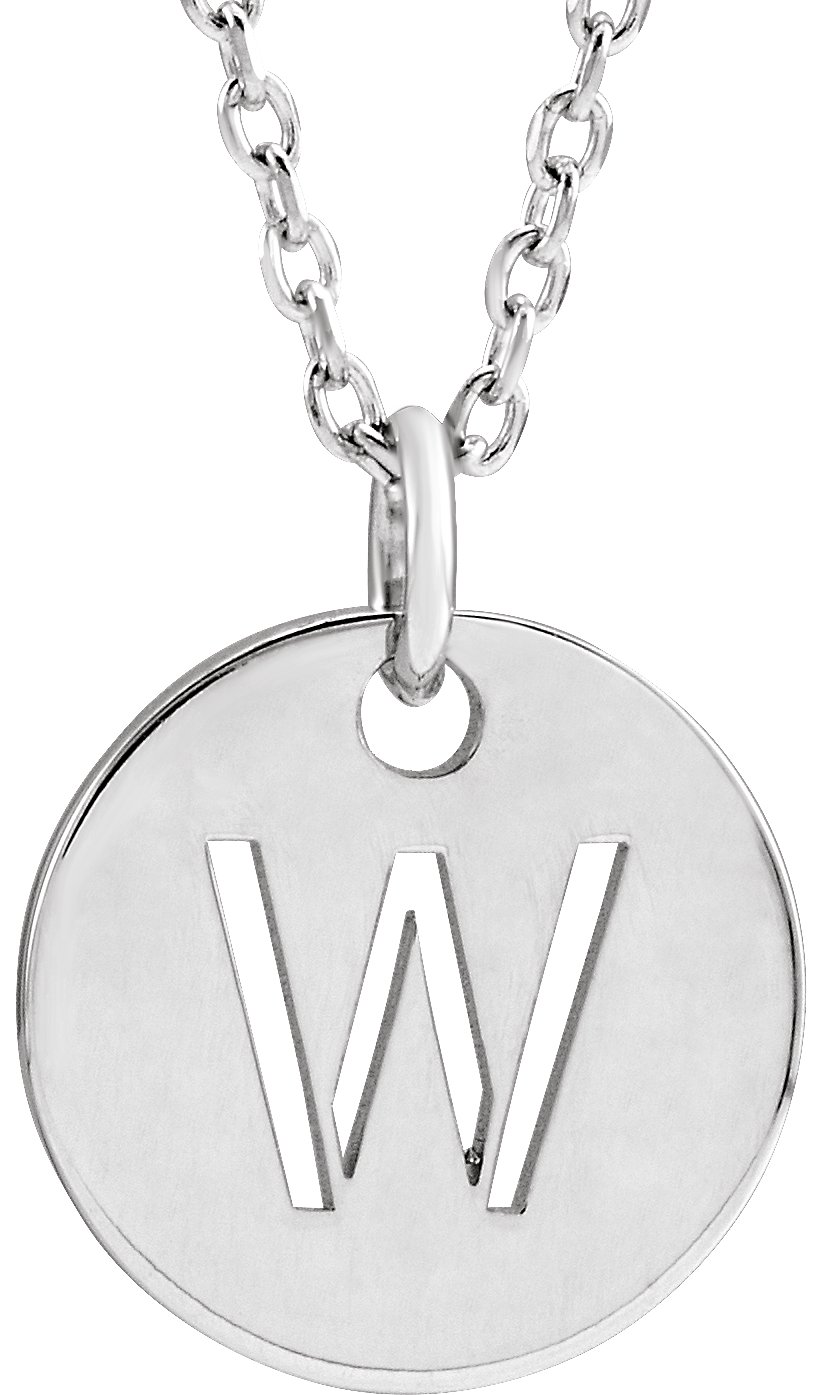 14K White Initial W 10 mm Disc 16-18" Necklace