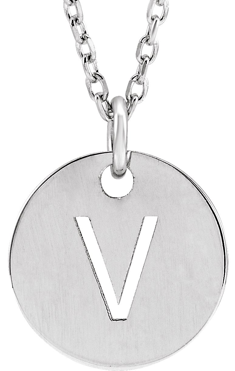 14K White Initial V 10 mm Disc 16-18" Necklace