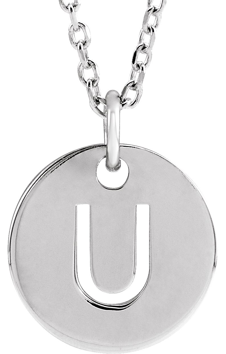 14K White Initial U 10 mm Disc 16-18" Necklace